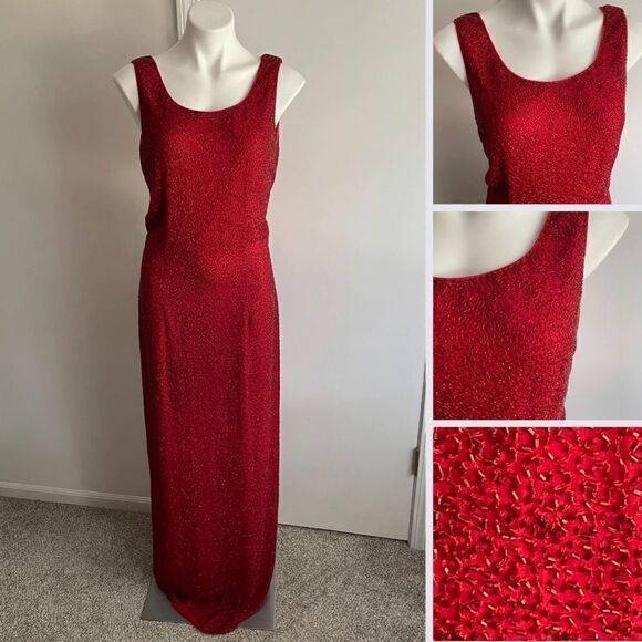 Vintage Red Beaded Gown, Size M - Picture 1 of 10